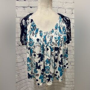 Free People Baja Babe Cold Shoulder Top Size Small Floral Tie Blue Boho